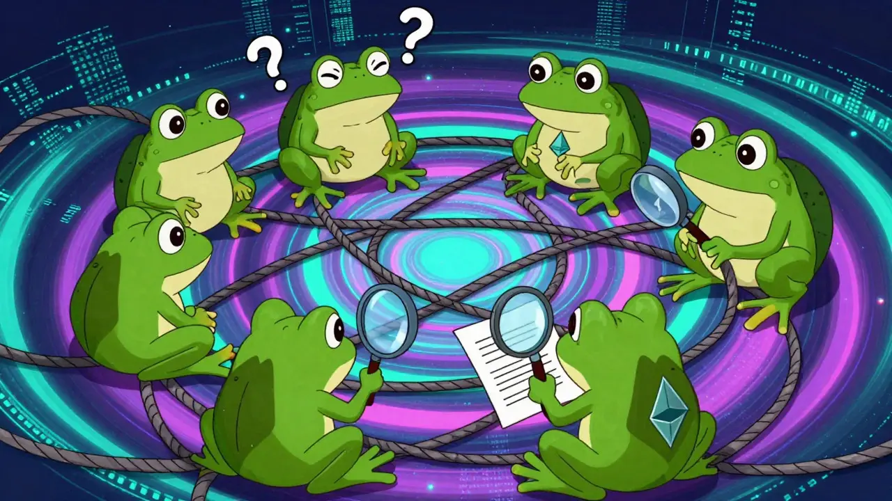 Multiple cartoon frogs tangled in a web with Ethereum and Solana symbols in a digital vortex