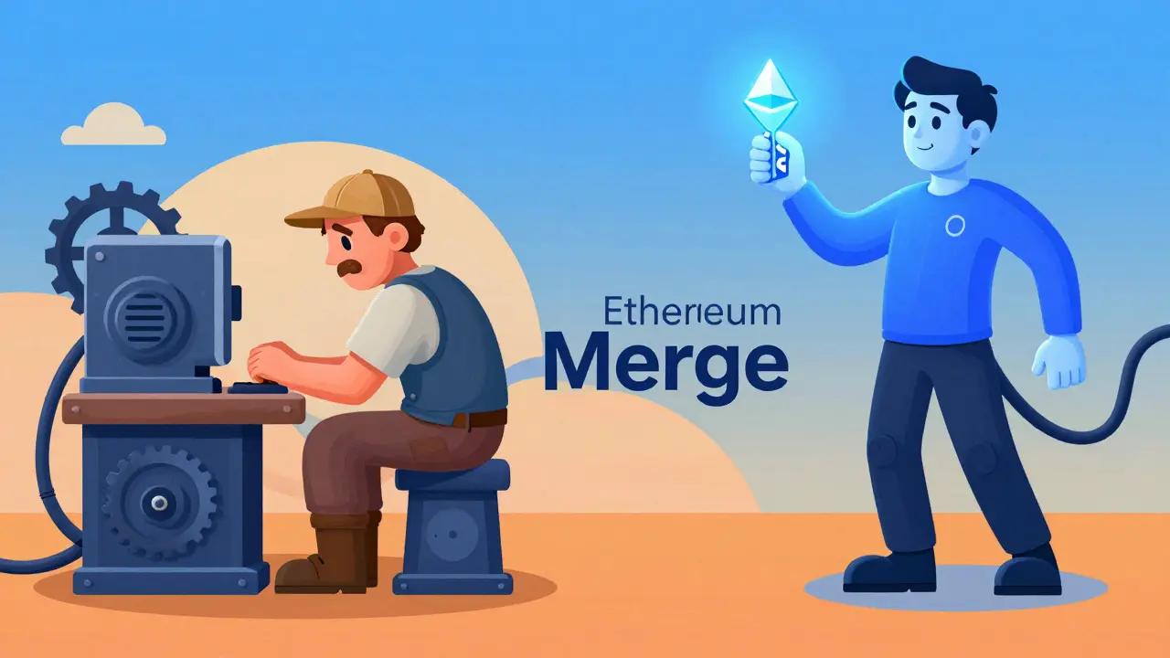 Retro-style comparison of energy-intensive mining versus efficient staking.
