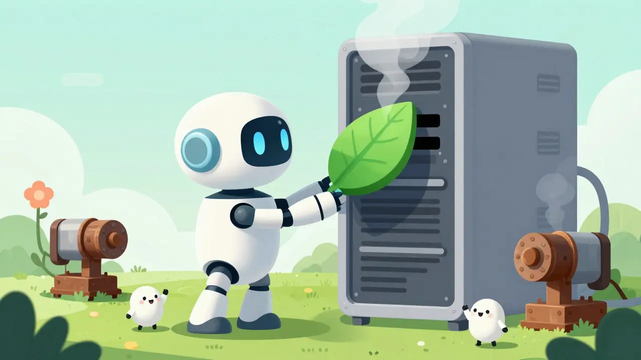 Robot placing a green leaf token into a server tower symbolizing eco-upgrade