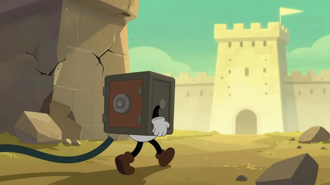 Rubber hose cartoon character moving a safe wallet from a crumbling building to a fortress