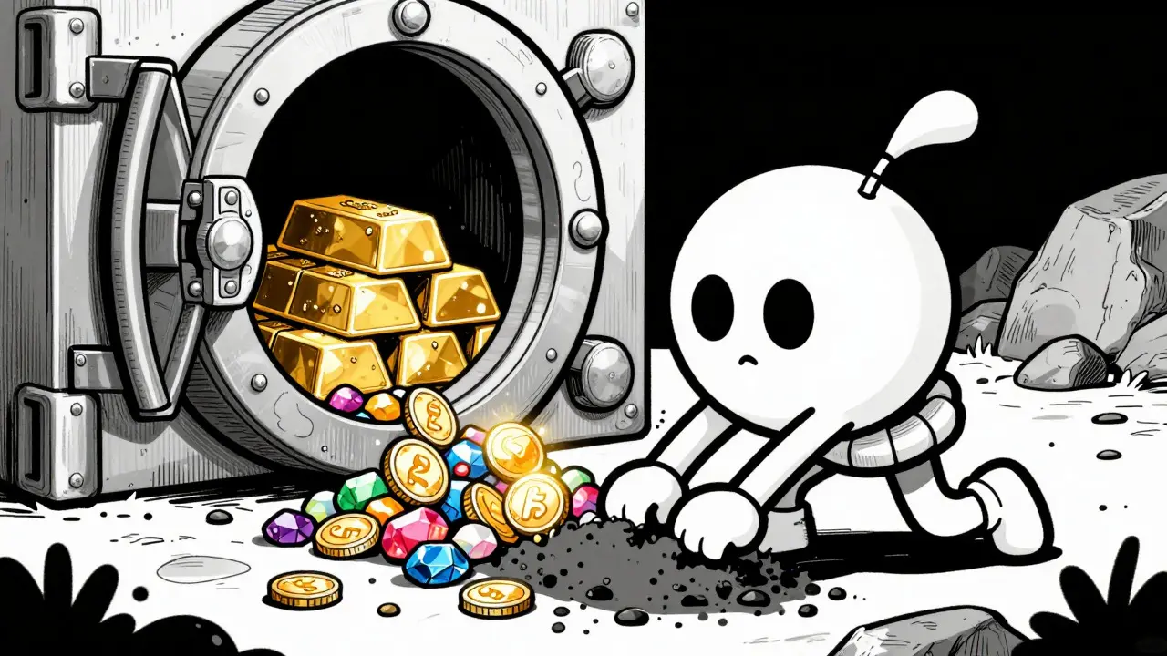 Rubber hose style explorer finding altcoin gems near a secure vault