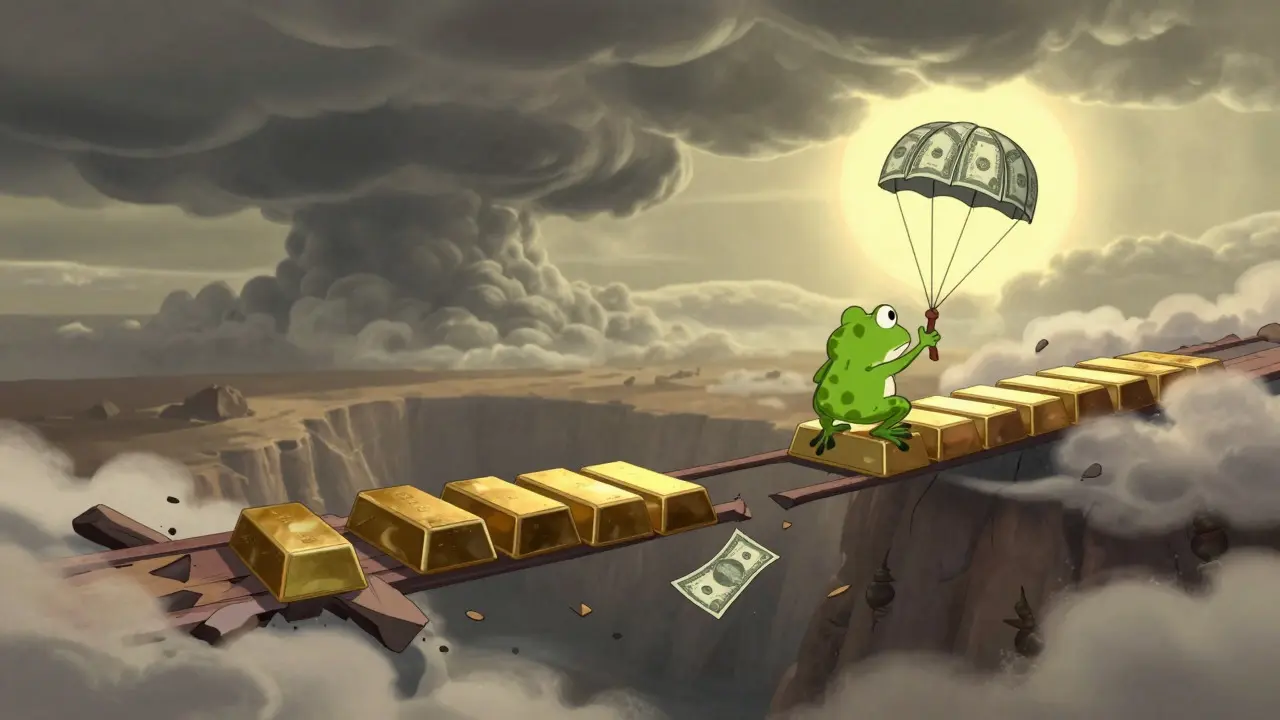 Rubber hose style frog on a crumbling gold bridge holding a dollar bill parachute over an abyss