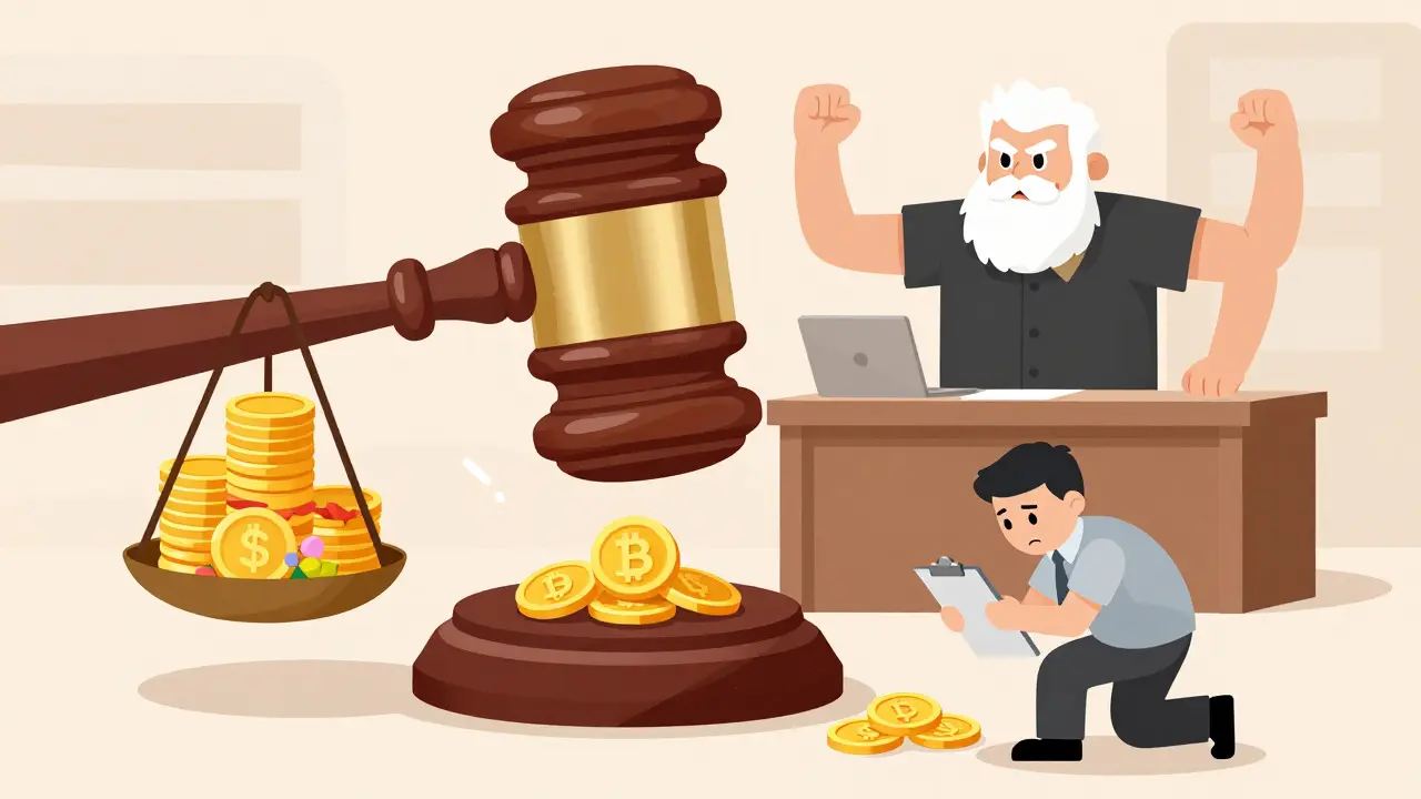Rubber hose style illustration of a gavel striking a scale balancing coins and tokens