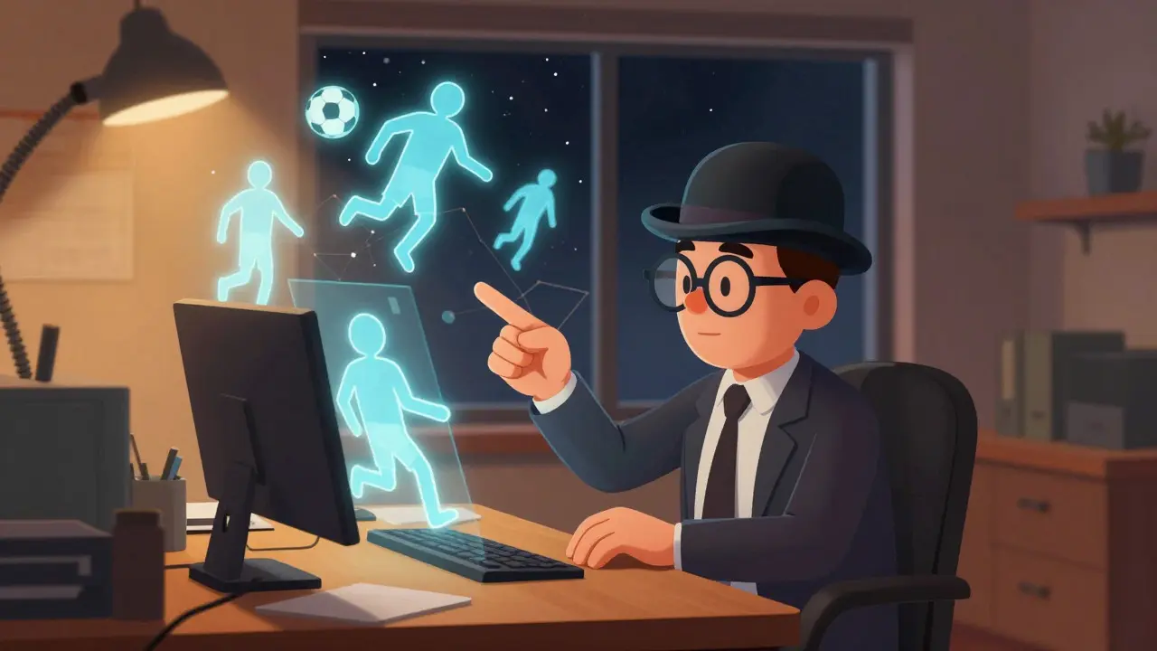 Rubber hose style manager character interacting with holographic soccer players in an office