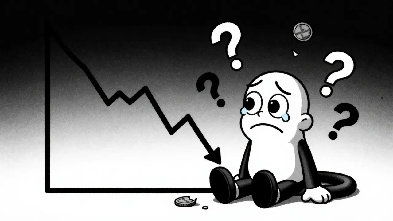 Sad cartoon character sitting by a steeply declining stock chart in black and white