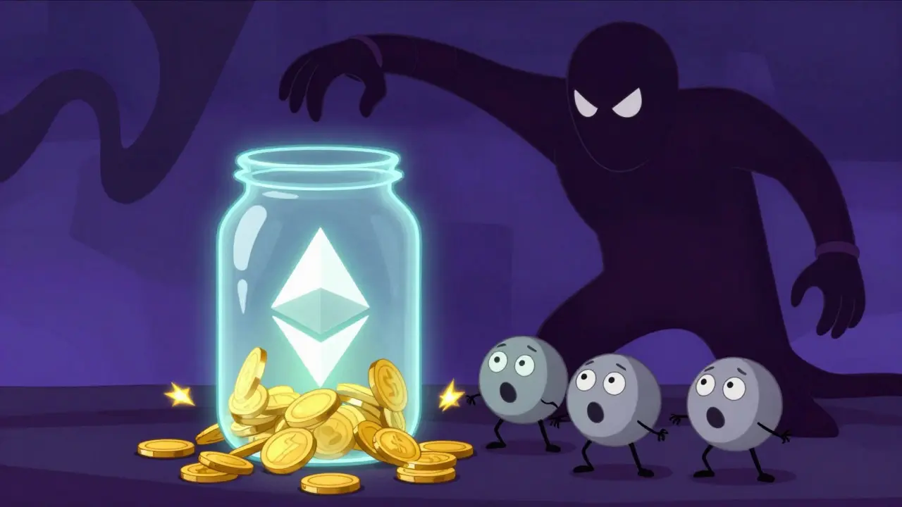 Shadow figure stealing coins from a jar while shocked characters watch