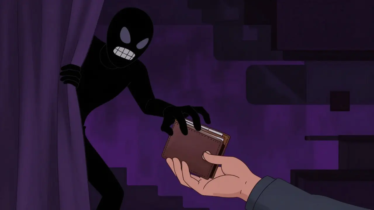 Sinister cartoon figure stealing a wallet in a dark, glitchy environment
