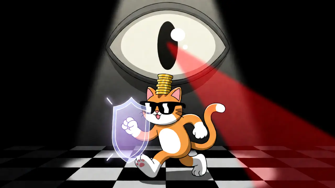 Sneaky cartoon cat using a shield to evade a scanning eye while carrying gold coins.
