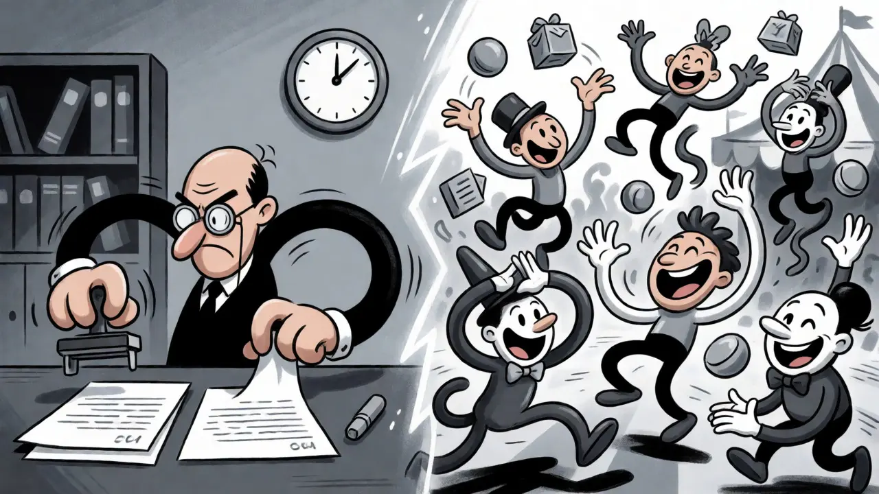 Split scene contrasting strict regulation with free market chaos in rubber hose style.