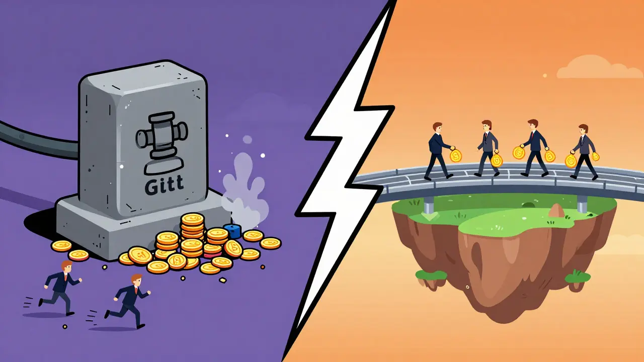 Split view of crushed coins vs safe bridge crossing in cartoon style