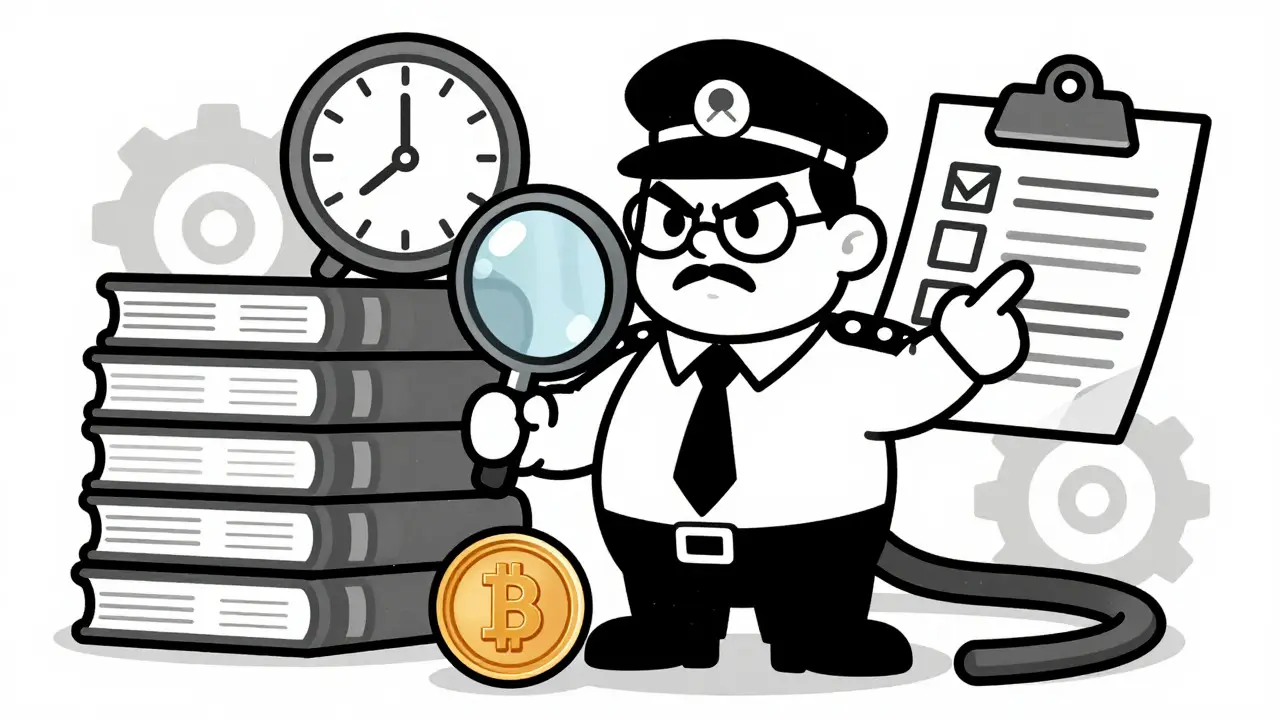 Strict regulator inspecting a crypto coin with a magnifying glass