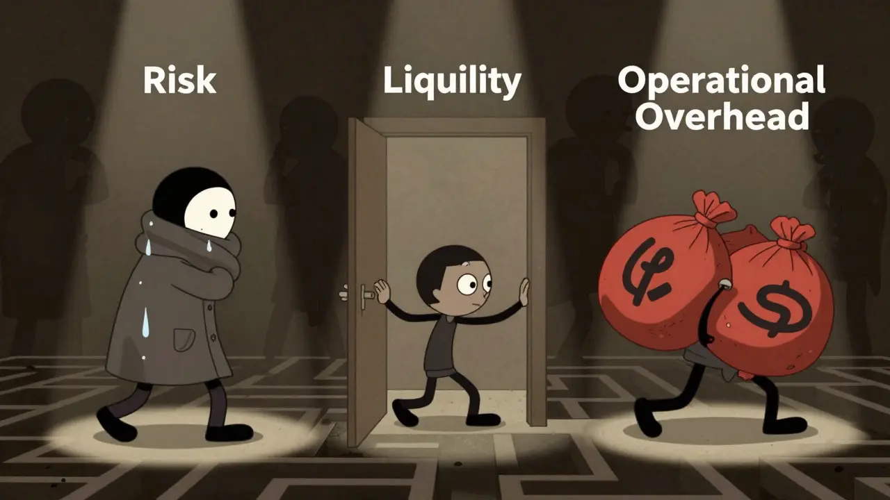 Three cartoon figures illustrating risk, liquidity, and overhead in illegal trading