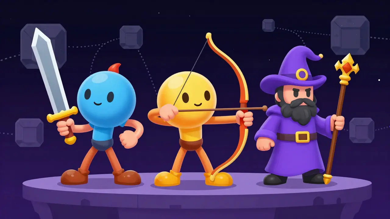 Three rubber hose style fighters representing Warrior, Archer, and Magician classes