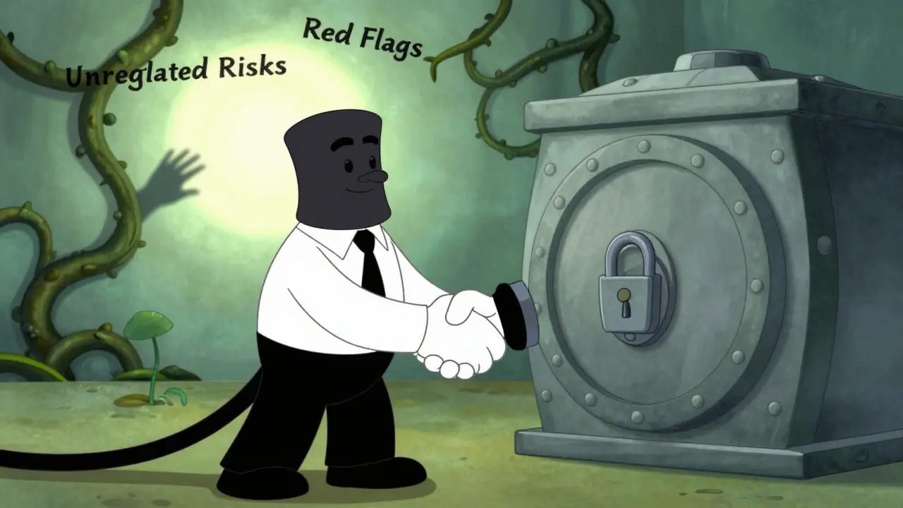 Trader shaking hands with a secure vault character while pushing away shadowy risk vines.
