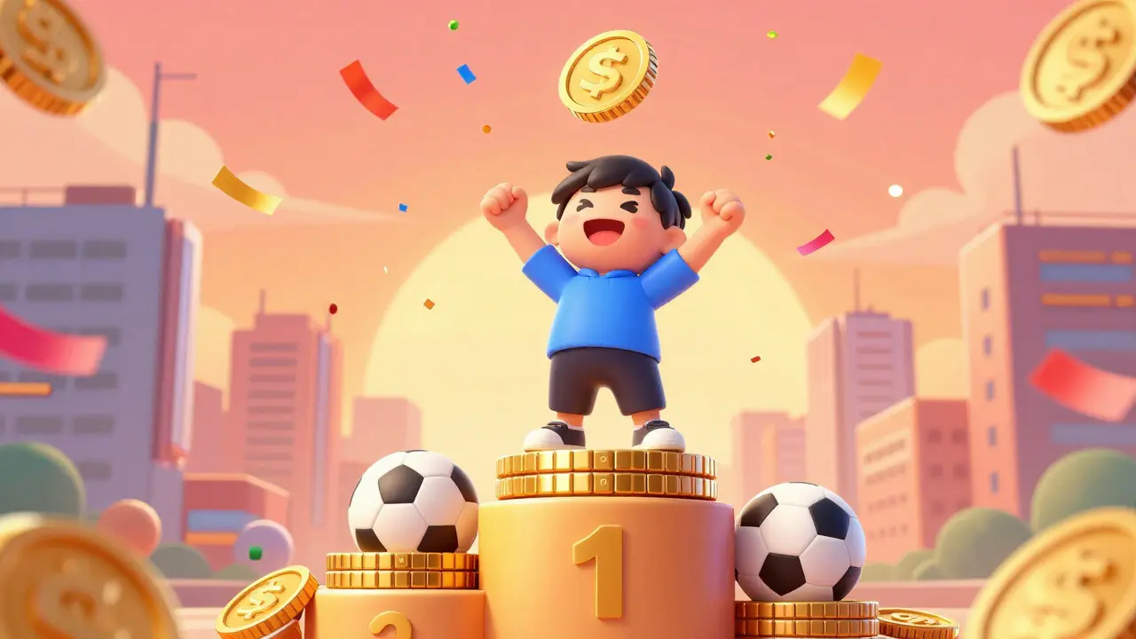Triumphant cartoon character on a podium of coins and soccer balls under a sunset sky