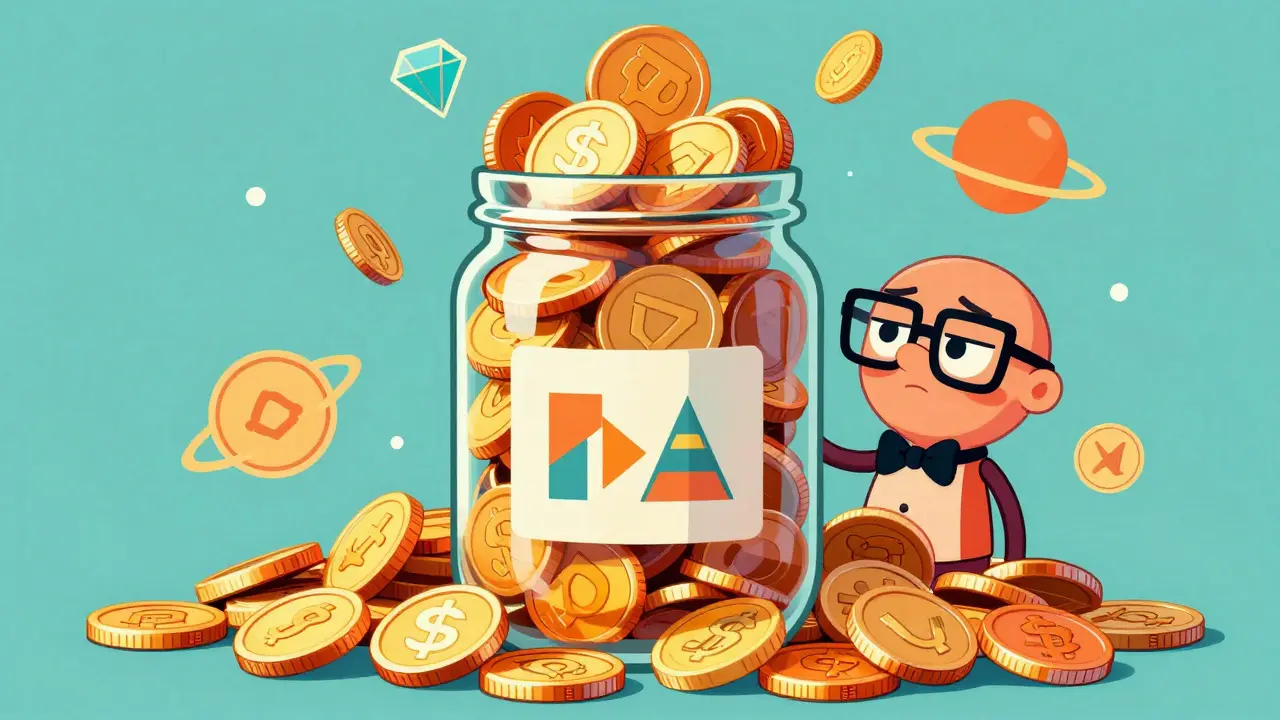 Vintage animation of an investor looking at a jar full of coins and orbiting chain symbols