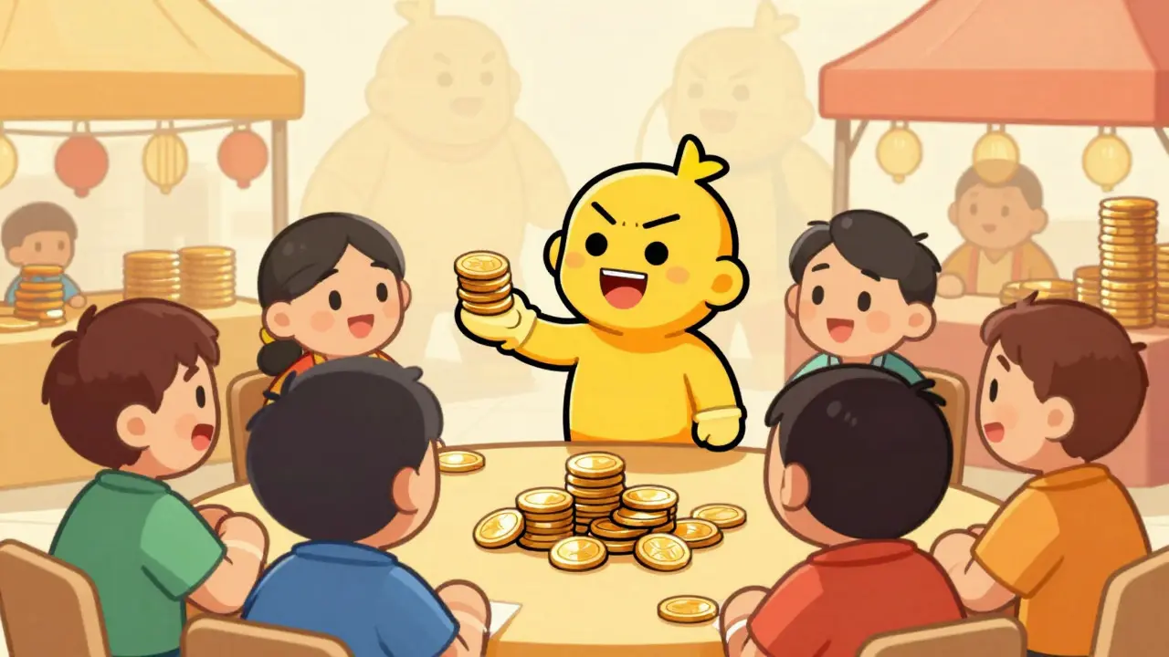 Vintage cartoon scene of a trader offering low-cost coins in a busy marketplace