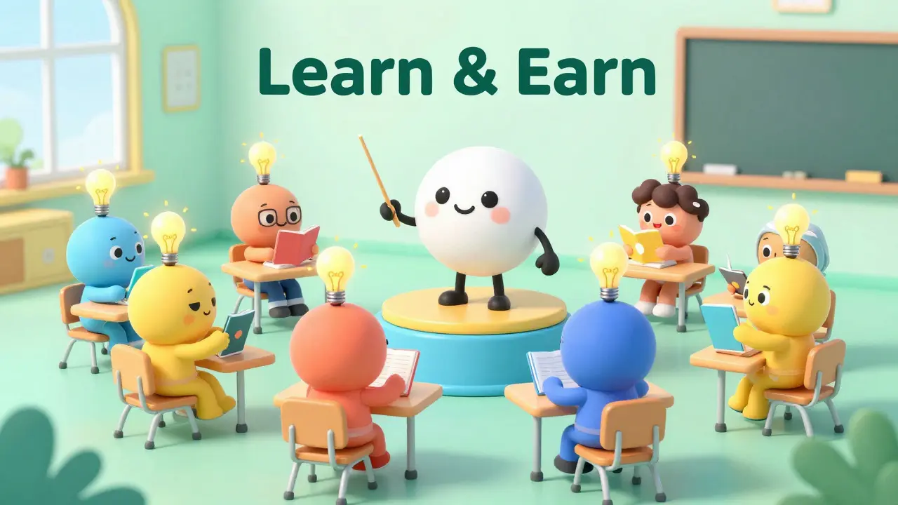 Whimsical classroom scene with cartoon characters learning from a friendly mascot