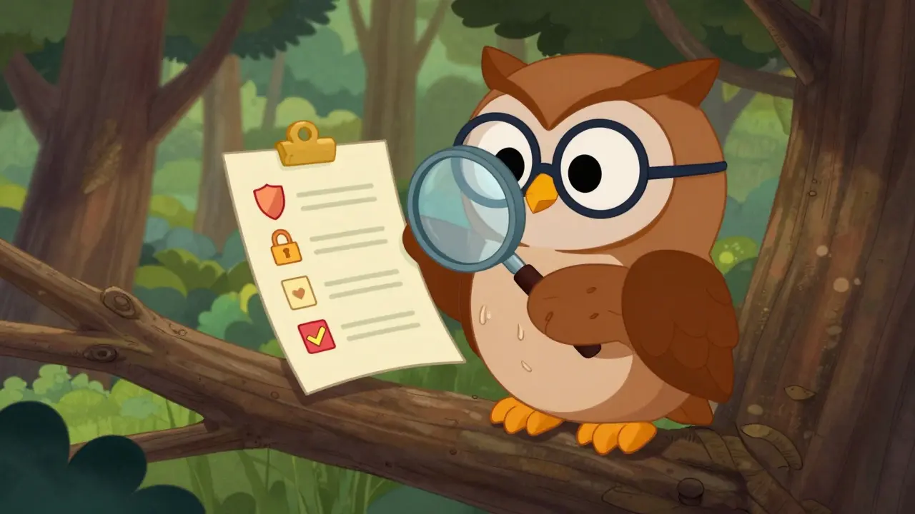 Wise cartoon owl checking a list with a magnifying glass in a forest