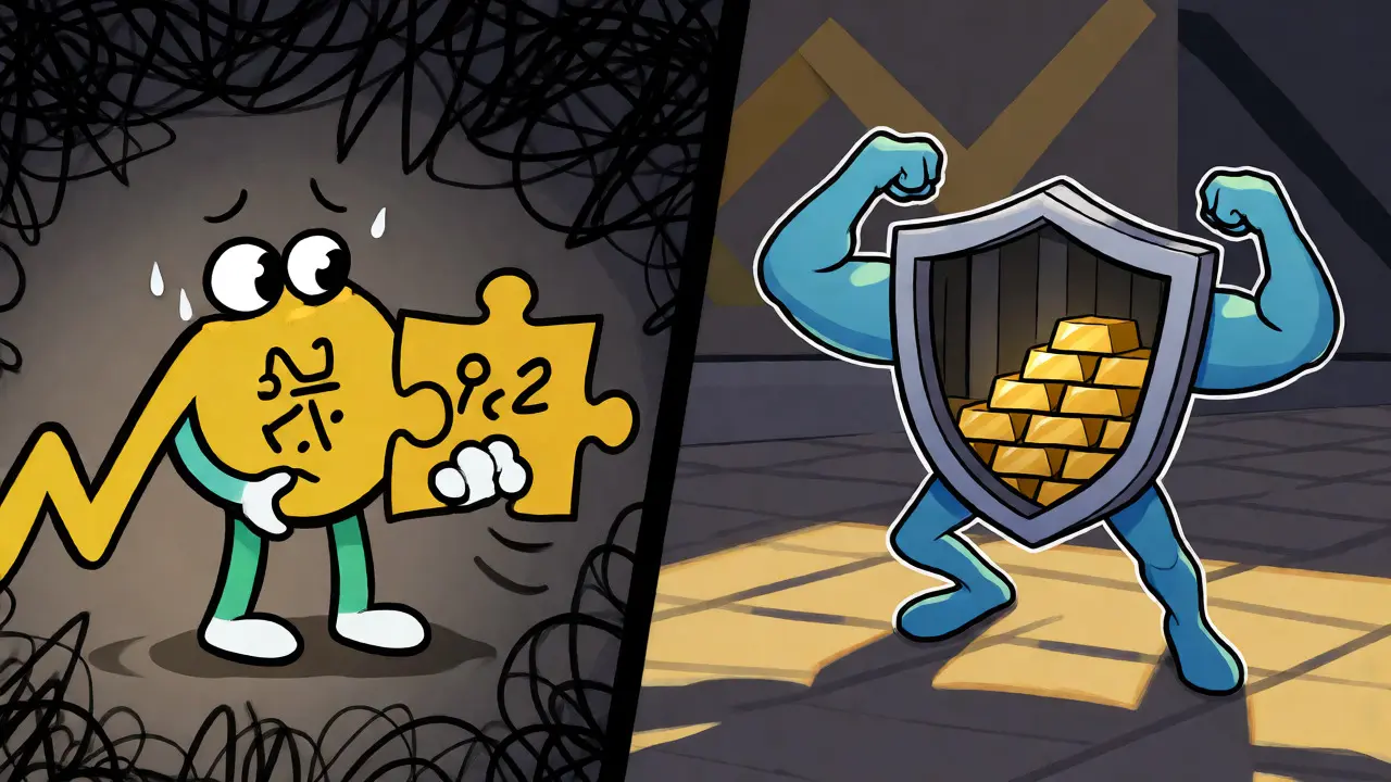 A cartoon chart character and a strong coin guarding a vault amidst data chaos.
