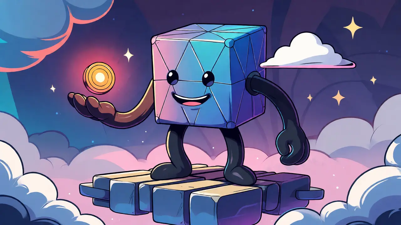 A friendly geometric cube character holding a glowing token on a floating block platform.