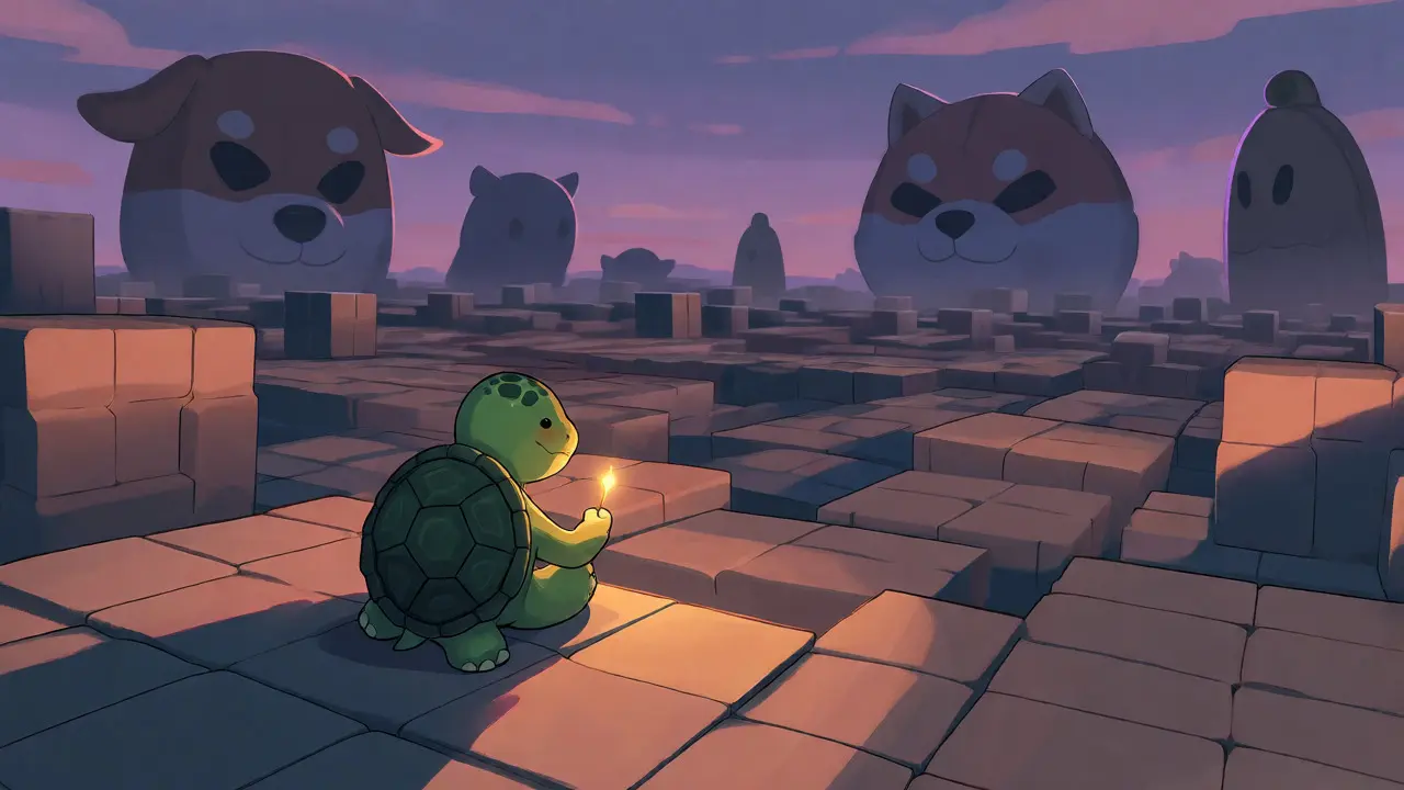 A lonely cartoon turtle in a digital desert with giant crypto shadows.