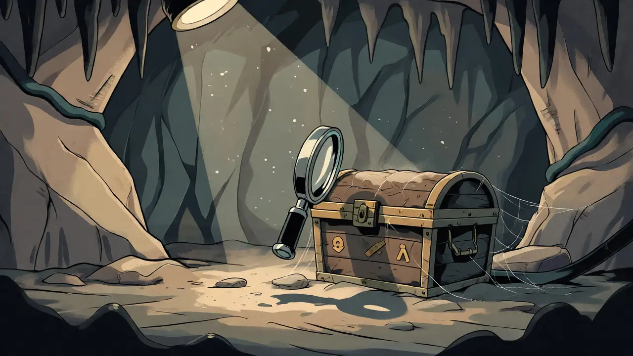 A magnifying glass character inspecting a dusty treasure chest in a stylized cave.