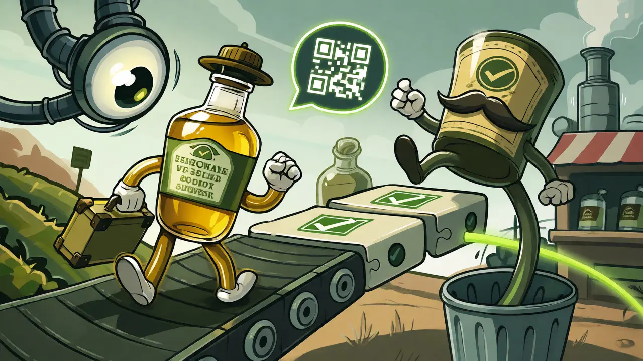 Animated olive oil bottle walking a verified supply chain path past a failed counterfeit.