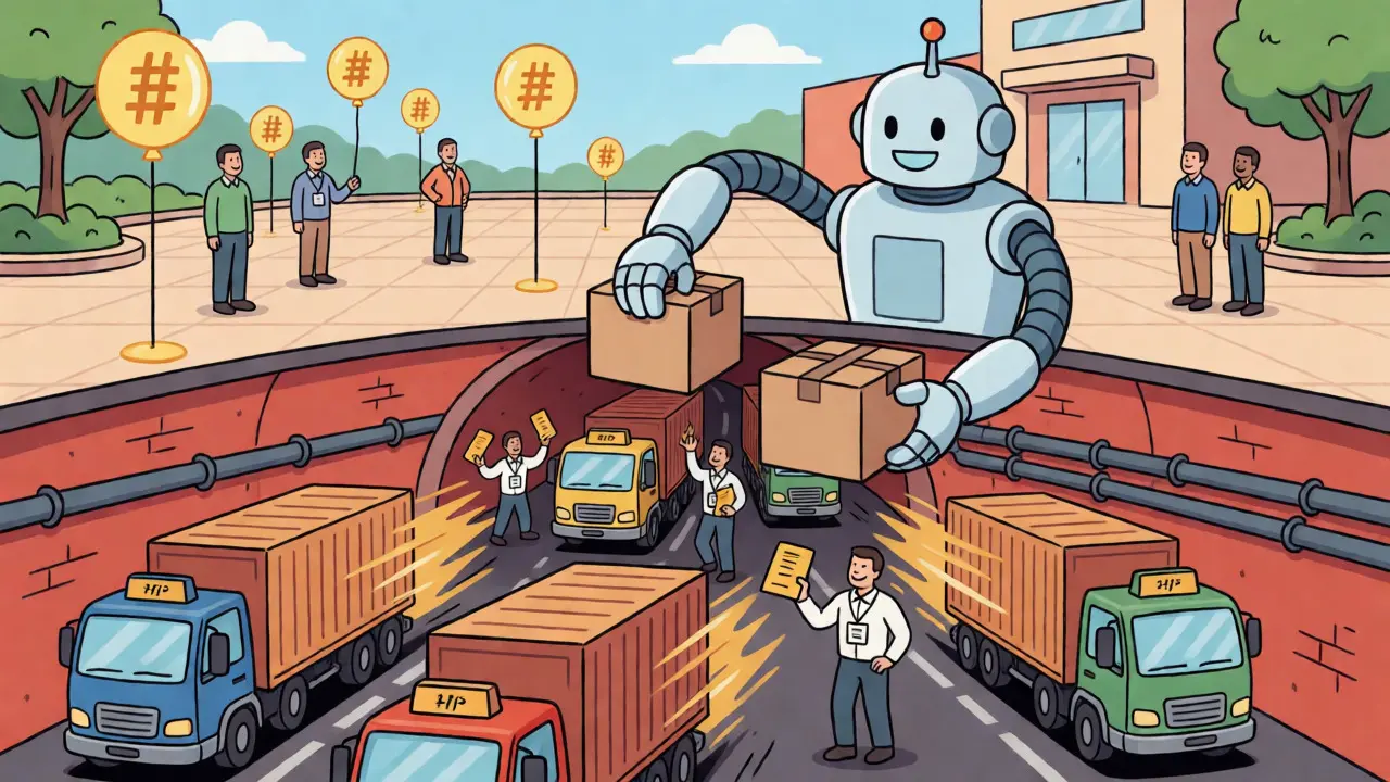 Animated split view of fast private data tunnels feeding public verification layers via API robot.