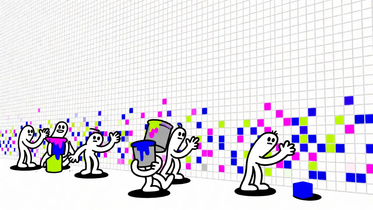 Anthropomorphic figures painting pixels on a giant digital canvas