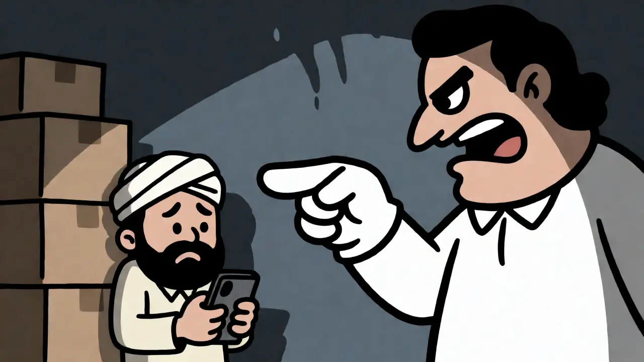 Authority figure banning a scared trader holding a phone in a rubber hose style.