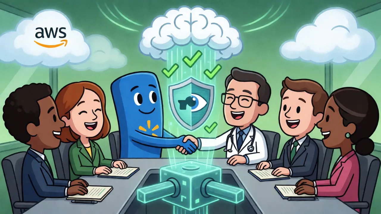 Cartoon business leaders celebrating hybrid blockchain success with privacy and transparency symbols.