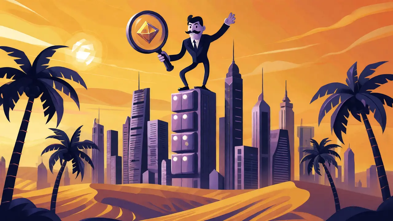 Cartoon businessman overlooking stylized Dubai skyline at sunset.