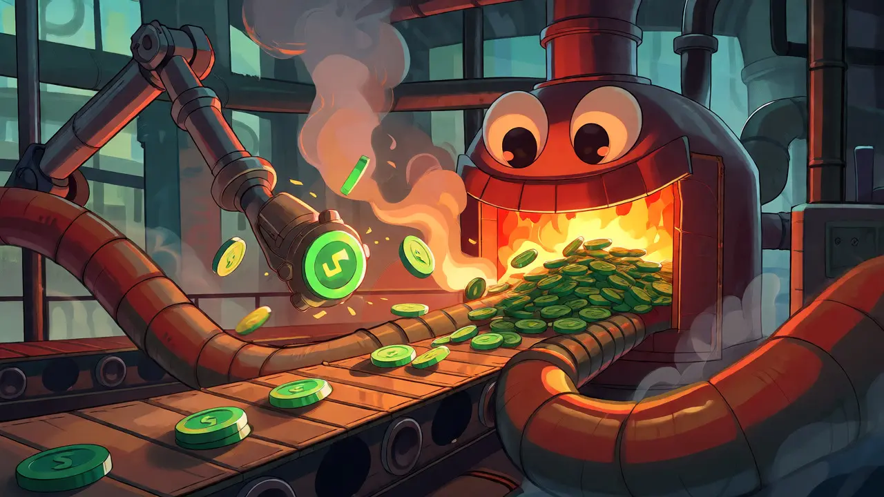 Cartoon factory burning tokens to reduce supply