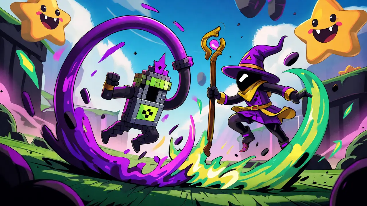 Cartoon fantasy warriors battling in a colorful MOBA arena with rubber hose aesthetics
