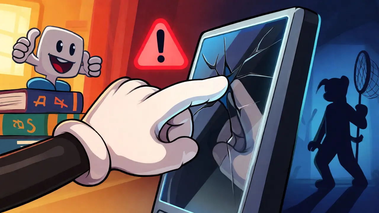 Cartoon hand reaching for a screen with a cracked reflection, warned by a red triangle.