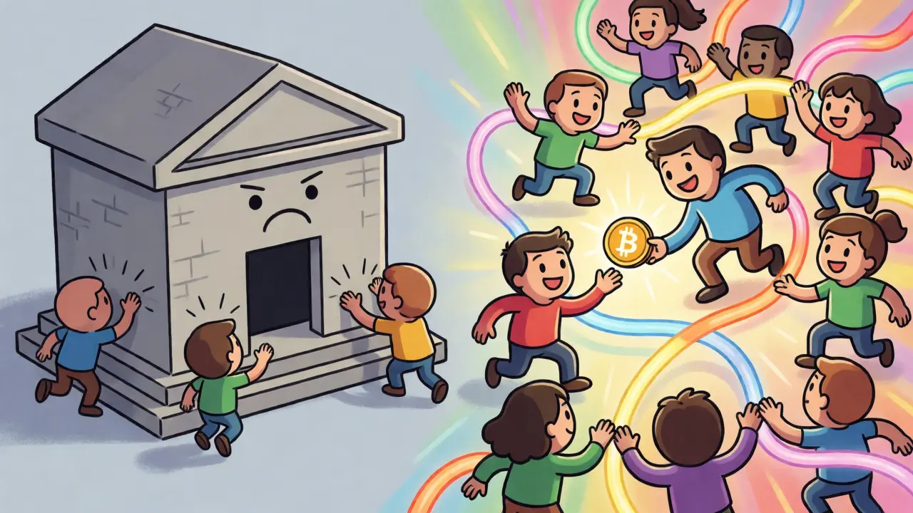 Cartoon illustration comparing blocked banks with flexible P2P crypto networks