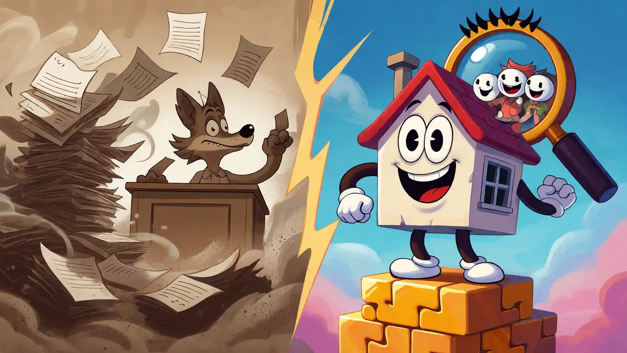Cartoon illustration contrasting messy paper titles with a secure blockchain-backed house.