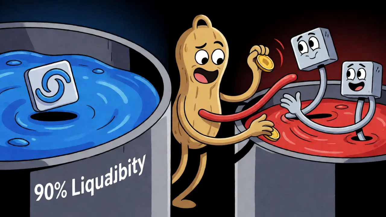 Cartoon peanut balancing liquidity pools between bots and traders in a split scene.