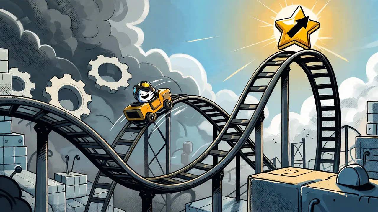 Cartoon token character riding a rollercoaster through a tech-themed cityscape symbolizing market trends.
