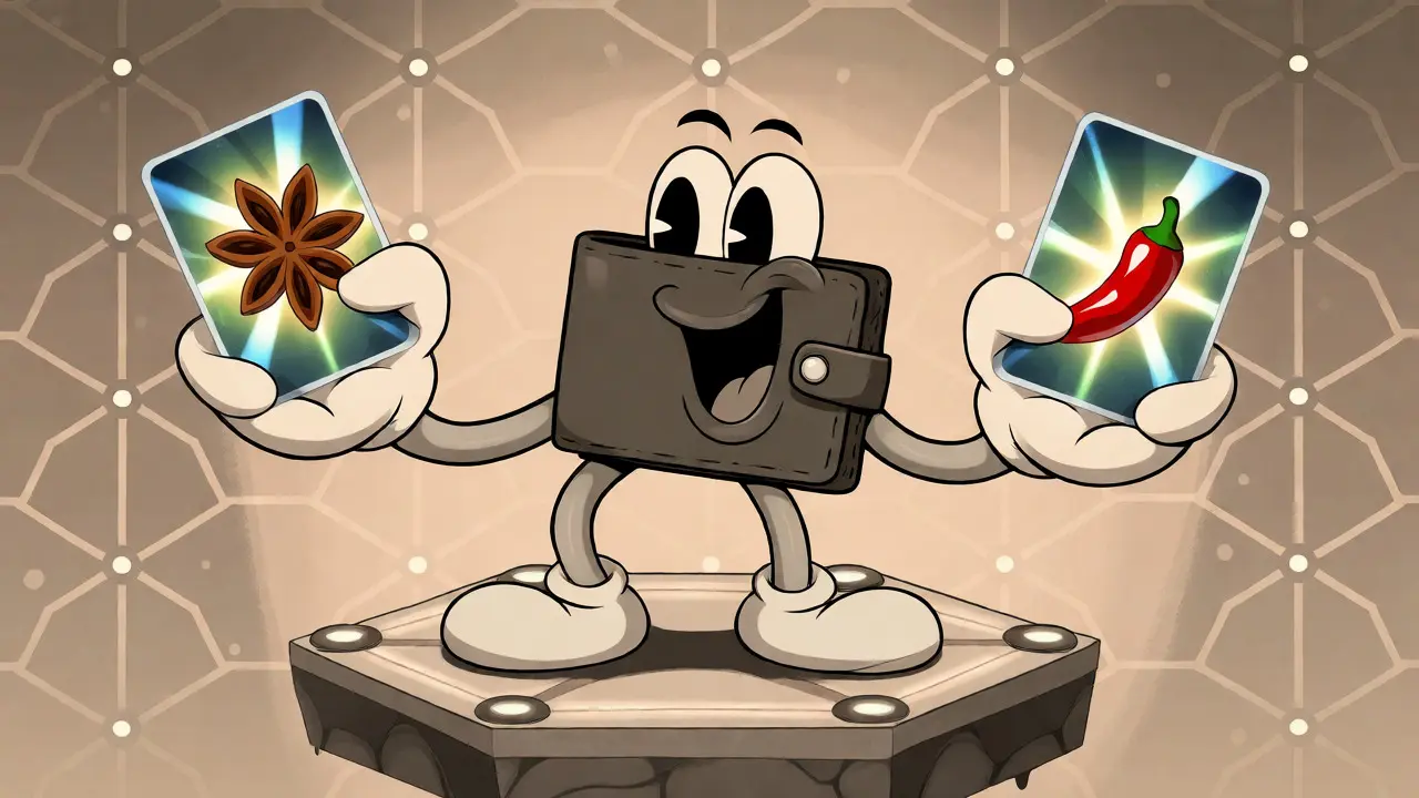 Cartoon wallet holding spice NFTs on a digital grid