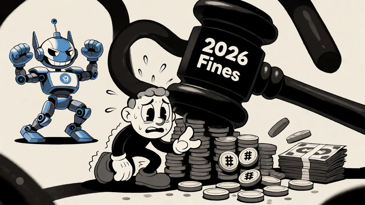 Citizen fears 2026 fines while Digital Ruble mascot dances nearby.