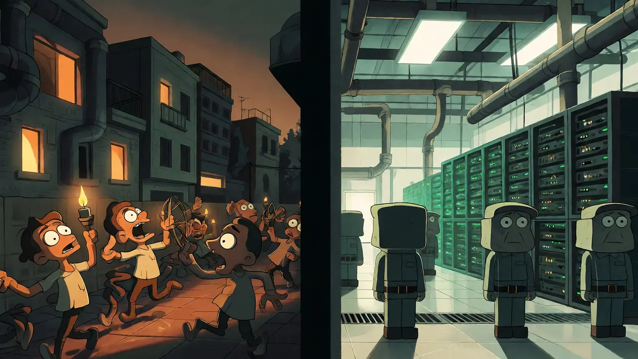 Contrast between dark residential blackouts and bright industrial crypto mining facilities.