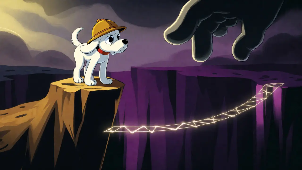 Dog character balancing on a thin bridge over an abyss, symbolizing volatile crypto trading risks.