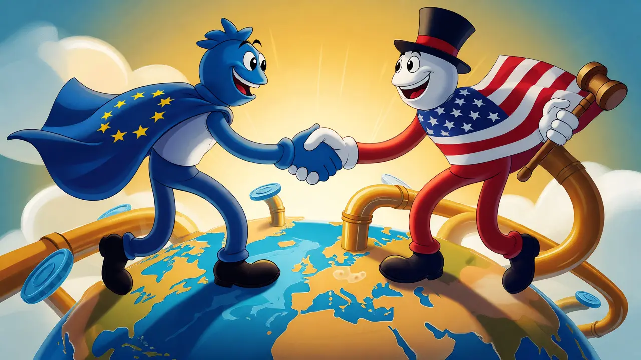 EU and US figures shaking hands over a globe symbolizing regulatory convergence
