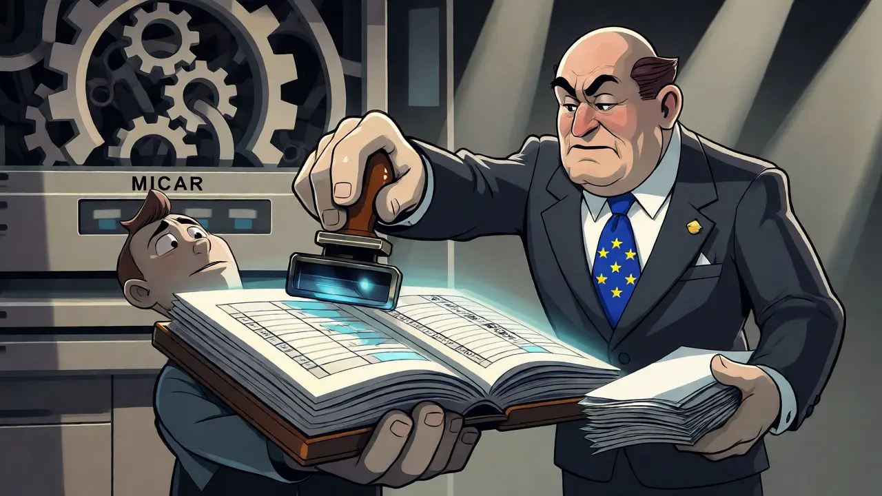 EU bureaucrat stamping a ledger for a nervous crypto trader in retro animation.