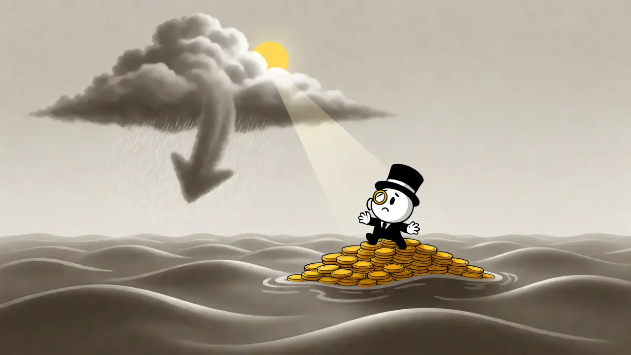 Investor on coin island facing volatile market storm clouds