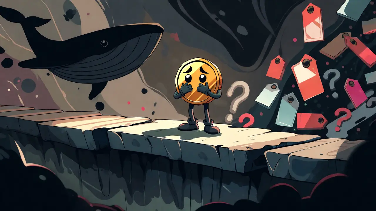 Nervous coin character standing on a small platform over a void of low liquidity.