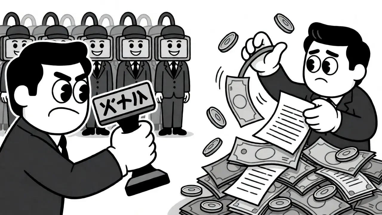 PVARA regulator inspecting mining rigs while a banker struggles with crypto paperwork