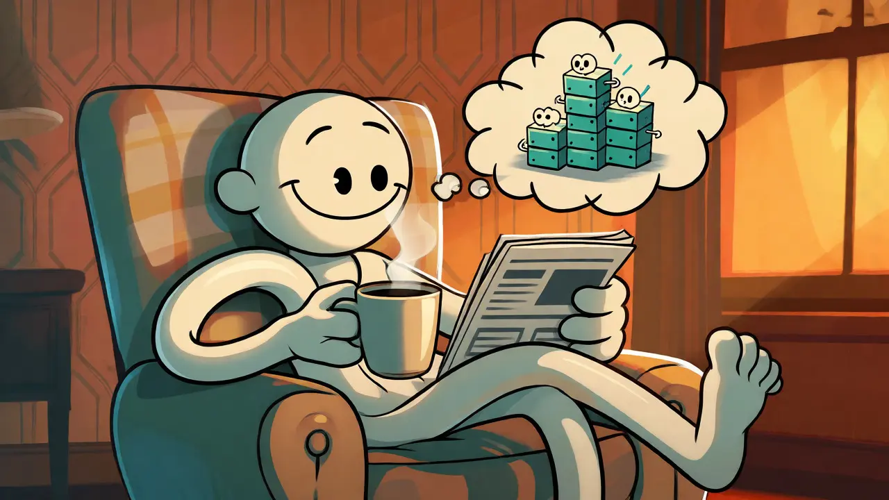 Relaxed character drinking coffee while watching a mini-blockchain stack in a thought bubble.